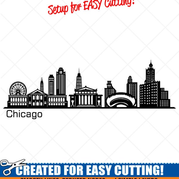 Chicago City Skyline Clipart-Vector Clip Art Graphics-Digital Download-Cut Ready Files-CNC-Cityscape Vinyl Sign Design-eps, ai, svg, dxf,png