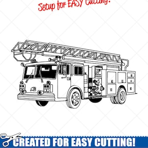 May include: Black and white line art illustration of a fire truck with a ladder. The image is labeled "Setup for EASY Cutting!" and "CREATED FOR EASY CUTTING!" with the text "SMOOTH LINES, REDUCED NODES and SIMPLE LAYERS WITHOUT CROSSING LINES RESULTS IN PERFECT CUTS! Our DXF files are specifically optimized for CNC cutting! ALL ARTWORK IS © SIGN READY VECTOR ART".