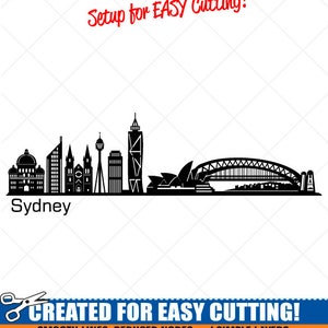 May include: Black and white silhouette of the Sydney skyline, including the Sydney Opera House and the Harbour Bridge. The text "Sydney" is below the skyline. The text "Setup for EASY Cutting!" is at the top of the image. The text "CREATED FOR EASY CUTTING!" is at the bottom of the image. The text "SMOOTH LINES, REDUCED NODES and SIMPLE LAYERS WITHOUT CROSSING LINES RESULTS IN PERFECT CUTS!" is below the text "CREATED FOR EASY CUTTING!" The text "Our DXF files are specifically optimized for CNC cutting!" is below the text "SMOOTH LINES, REDUCED NODES and SIMPLE LAYERS WITHOUT CROSSING LINES RESULTS IN PERFECT CUTS!" The text "ALL ARTWORK IS © SIGN READY VECTOR ART" is below the text "Our DXF files are specifically optimized for CNC cutting!"