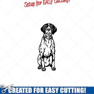 Puede incluir: Ilustración vectorial en blanco y negro de un Braco Alemán de Pelo Corto sentado. La imagen está optimizada para un corte fácil con líneas suaves, nodos reducidos y capas simples. El texto "Setup for EASY Cutting!" y "CREATED FOR EASY CUTTING!" está en la parte superior de la imagen. El texto "SMOOTH LINES, REDUCED NODES and SIMPLE LAYERS WITHOUT CROSSING LINES RESULTS IN PERFECT CUTS!" está en el medio de la imagen. El texto "Our DXF files are specifically optimised for CNC cutting!" está en la parte inferior de la imagen. El texto "ALL ARTWORK IS © SIGN READY VECTOR ART" está en la parte inferior de la imagen.