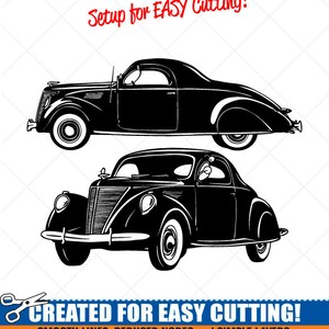 May include: Black and white silhouette of two vintage cars. The cars are side by side and facing the right. The text "Setup for EASY Cutting!" is at the top of the image. The text "CREATED FOR EASY CUTTING!" is at the bottom of the image. The text "SMOOTH LINES, REDUCED NODES and SIMPLE LAYERS WITHOUT CROSSING LINES RESULTS IN PERFECT CUTS!" is below the text "CREATED FOR EASY CUTTING!" The text "Our DXF files are specifically optimized for CNC cutting!" is below the text "SMOOTH LINES, REDUCED NODES and SIMPLE LAYERS WITHOUT CROSSING LINES RESULTS IN PERFECT CUTS!" The text "ALL ARTWORK IS © SIGN READY VECTOR ART" is below the text "Our DXF files are specifically optimized for CNC cutting!"