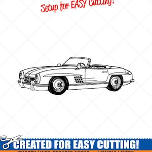 May include: Black and white line art illustration of a classic convertible car. The image is labeled "Setup for EASY Cutting!" and "CREATED FOR EASY CUTTING!" with the text "SMOOTH LINES, REDUCED NODES and SIMPLE LAYERS WITHOUT CROSSING LINES RESULTS IN PERFECT CUTS! Our DXF files are specifically optimized for CNC cutting! ALL ARTWORK IS SIGN READY VECTOR ART".