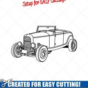 May include: Black and white line art illustration of a vintage hot rod car. The image is labeled "Setup for EASY Cutting!" and "CREATED FOR EASY CUTTING!" with the text "SMOOTH LINES, REDUCED NODES and SIMPLE LAYERS WITHOUT CROSSING LINES RESULTS IN PERFECT CUTS! Our DXF files are specifically optimized for CNC cutting! ALL ARTWORK IS SIGN READY VECTOR ART".
