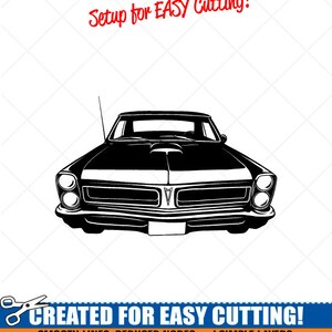 May include: Black and white silhouette of a classic car with a hood scoop. The image includes the text "Setup for EASY Cutting!" and "CREATED FOR EASY CUTTING!" with the text "SMOOTH LINES, REDUCED NODES and SIMPLE LAYERS WITHOUT CROSSING LINES RESULTS IN PERFECT CUTS! Our DXF files are specifically optimized for CNC cutting! ALL ARTWORK IS SIGN READY VECTOR ART" at the bottom.