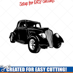 May include: Black and white silhouette of a vintage car with a smooth, clean design. The image is labelled "Setup for EASY Cutting!" and "CREATED FOR EASY CUTTING!" with the text "SMOOTH LINES, REDUCED NODES and SIMPLE LAYERS WITHOUT CROSSING LINES RESULTS IN PERFECT CUTS! Our DXF files are specifically optimised for CNC cutting! ALL ARTWORK IS © SIGN READY VECTOR ART".