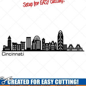 May include: Black and white silhouette of the Cincinnati skyline, including the Carew Tower, the Great American Ball Park, and the Roebling Suspension Bridge. The text "Cincinnati" is below the skyline. The text "Setup for EASY Cutting!" is at the top of the image. The text "CREATED FOR EASY CUTTING!" is at the bottom of the image. The text "SMOOTH LINES, REDUCED NODES and SIMPLE LAYERS WITHOUT CROSSING LINES RESULTS IN PERFECT CUTS!" is below the text "CREATED FOR EASY CUTTING!" The text "Our DXF files are specifically optimized for CNC cutting!" is below the text "SMOOTH LINES, REDUCED NODES and SIMPLE LAYERS WITHOUT CROSSING LINES RESULTS IN PERFECT CUTS!" The text "ALL ARTWORK IS © SIGN READY VECTOR ART" is below the text "Our DXF files are specifically optimized for CNC cutting!"