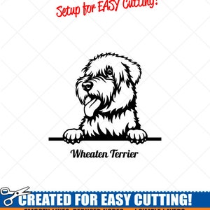 May include: Black and white line art illustration of a Wheaten Terrier dog peeking over a sign. The text "Wheaten Terrier" is below the dog. The text "Setup for EASY Cutting!" is at the top of the image. The text "CREATED FOR EASY CUTTING!" is at the bottom of the image. The text "SMOOTH LINES, REDUCED NODES and SIMPLE LAYERS WITHOUT CROSSING LINES RESULTS IN PERFECT CUTS!" is below the text "CREATED FOR EASY CUTTING!" The text "Our DXF files are specifically optimized for CNC cutting!" is below the text "SMOOTH LINES, REDUCED NODES and SIMPLE LAYERS WITHOUT CROSSING LINES RESULTS IN PERFECT CUTS!" The text "ALL ARTWORK IS SIGN READY VECTOR ART" is below the text "Our DXF files are specifically optimized for CNC cutting!"
