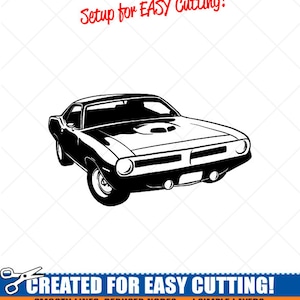 May include: Black and white vector graphic of a classic muscle car. The image includes the text "Setup for EASY Cutting!" and "CREATED FOR EASY CUTTING!" along with details about smooth lines and perfect cuts.