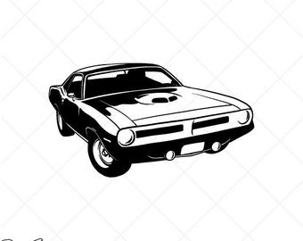 May include: Black and white vector graphic of a classic muscle car. The image includes the text "Setup for EASY Cutting!" and "CREATED FOR EASY CUTTING!" along with details about smooth lines and perfect cuts.