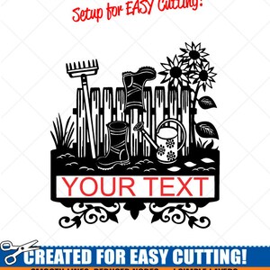May include: Black and white silhouette of a garden scene with a fence, flowers, watering can, rake, and boots. The text "YOUR TEXT" is in a banner below the scene. The image is labeled "Created for Easy Cutting!" and includes information about smooth lines, reduced nodes, and simple layers for easy cutting.
