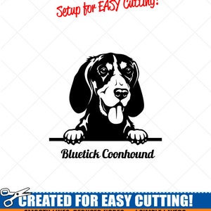 May include: Black and white illustration of a Bluetick Coonhound dog peeking over a sign. The text "Setup for EASY Cutting!" is at the top of the image. The text "CREATED FOR EASY CUTTING!" is at the bottom of the image. The text "SMOOTH LINES, REDUCED NODES and SIMPLE LAYERS WITHOUT CROSSING LINES RESULTS IN PERFECT CUTS!" is below the text "CREATED FOR EASY CUTTING!" The text "Our DXF files are specifically optimized for CNC cutting!" is below the text "SMOOTH LINES, REDUCED NODES and SIMPLE LAYERS WITHOUT CROSSING LINES RESULTS IN PERFECT CUTS!" The text "ALL ARTWORK IS © SIGN READY VECTOR ART" is below the text "Our DXF files are specifically optimized for CNC cutting!"