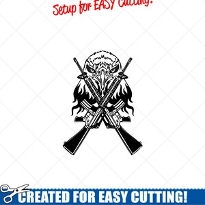 Puede incluir: Gráfico en blanco y negro de una cabeza de águila con rifles cruzados. El texto "Setup for EASY Cutting!" está en rojo. La pancarta inferior dice "CREATED FOR EASY CUTTING!" y "Our DXF files are specifically optimized for CNC cutting!"