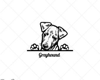 May include: Black and white illustration of a Greyhound dog peeking over a surface. The text "Greyhound" is below the dog. The image includes the text "Setup for EASY Cutting!" and "CREATED FOR EASY CUTTING!" with information about smooth lines, reduced nodes, and simple layers for easy cutting.