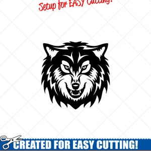 Puede incluir: Ilustración vectorial en blanco y negro de la cabeza de un lobo con una expresión de gruñido. La imagen está optimizada para un corte fácil con líneas suaves, nodos reducidos y capas simples. "Setup for EASY Cutting!" y "CREATED FOR EASY CUTTING!" están escritos en rojo en la parte superior e inferior de la imagen.