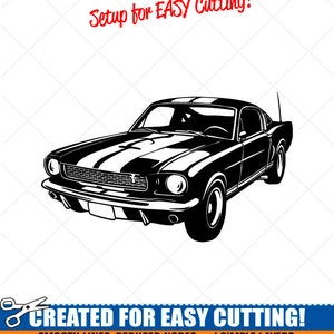 May include: Black and white silhouette of a classic car, a 1960s Ford Mustang, with a white stripe down the hood. The image is labeled "Setup for EASY Cutting!" and "CREATED FOR EASY CUTTING!" with text about smooth lines, reduced nodes, and simple layers for easy cutting.