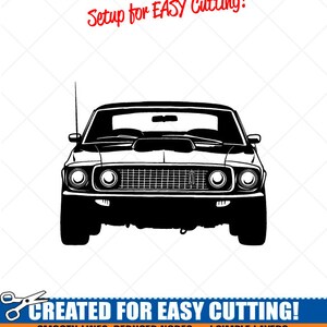 May include: Black and white vector illustration of a classic muscle car. The image includes the text "Setup for EASY Cutting!" and "CREATED FOR EASY CUTTING!" along with additional text about the product's features.
