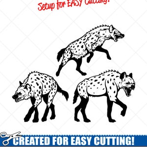 May include: Three black and white hyena silhouette illustrations. The hyenas are in different poses, with one running, one standing, and one walking. The text "Setup for EASY Cutting!" and "CREATED FOR EASY CUTTING!" is at the top and bottom of the image. The text "SMOOTH LINES, REDUCED NODES and SIMPLE LAYERS WITHOUT CROSSING LINES RESULTS IN PERFECT CUTS!" is below the hyenas. The text "Our DXF files are specifically optimized for CNC cutting!" is below the previous text. The text "ALL ARTWORK IS SIGN READY VECTOR ART" is at the bottom of the image.