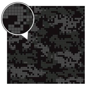 Puede incluir: Un patrón de camuflaje pixelado en negro y gris. El patrón está formado por pequeños cuadrados de diferentes tonos de gris.
