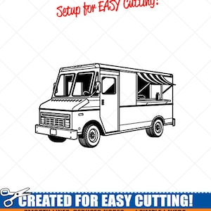 May include: Black and white line art illustration of a food truck with a striped awning. The text "Setup for EASY Cutting!" is at the top of the image. The text "CREATED FOR EASY CUTTING!" is at the bottom of the image. The text "SMOOTH LINES, REDUCED NODES and SIMPLE LAYERS WITHOUT CROSSING LINES RESULTS IN PERFECT CUTS!" is below the text "CREATED FOR EASY CUTTING!". The text "Our DXF files are specifically optimized for CNC cutting!" is below the text "SMOOTH LINES, REDUCED NODES and SIMPLE LAYERS WITHOUT CROSSING LINES RESULTS IN PERFECT CUTS!". The text "ALL ARTWORK IS © SIGN READY VECTOR ART" is below the text "Our DXF files are specifically optimized for CNC cutting!"