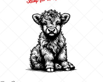 Baby Highland Cow SVG Clipart-Vector Clip Art Graphics-Digital Download Image-Cute Calf Sitting-Cricut Cut Files-Sign Design -png, dxf, eps
