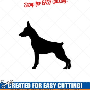 May include: Black silhouette of a Doberman Pinscher dog. The image is labeled "Setup for EASY Cutting!" and "CREATED FOR EASY CUTTING!" with the text "SMOOTH LINES, REDUCED NODES and SIMPLE LAYERS WITHOUT CROSSING LINES RESULTS IN PERFECT CUTS! Our DXF files are specifically optimized for CNC cutting! ALL ARTWORK IS SIGN READY VECTOR ART".