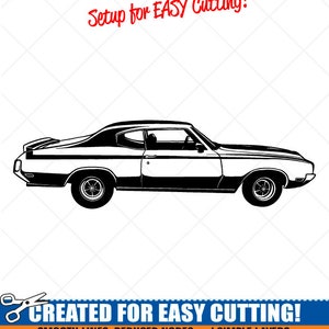 May include: Black and white silhouette of a classic car, a 1970s muscle car, with the text "Setup for EASY Cutting!" and "CREATED FOR EASY CUTTING!"  "SMOOTH LINES, REDUCED NODES and SIMPLE LAYERS WITHOUT CROSSING LINES RESULTS IN PERFECT CUTS! Our DXF files are specifically optimized for CNC cutting! ALL ARTWORK IS SIGN READY VECTOR ART"