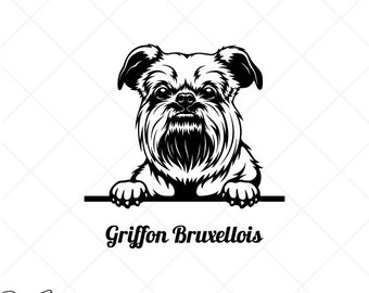 Op de afbeelding: Zwart-witte vectorillustratie van een Griffon Bruxellois hond die over een bordje kijkt. De tekst "Setup for EASY Cutting!" en "CREATED FOR EASY CUTTING!" is in de afbeelding opgenomen. De tekst "SMOOTH LINES, REDUCED NODES and SIMPLE LAYERS WITHOUT CROSSING LINES RESULTS IN PERFECT CUTS!" is ook in de afbeelding opgenomen. De tekst "Our DXF files are specifically optimized for CNC cutting!" is ook in de afbeelding opgenomen. De tekst "ALL ARTWORK IS SIGN READY VECTOR ART" is ook in de afbeelding opgenomen.