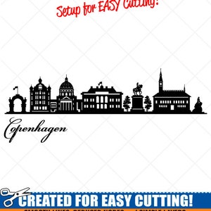 Puede incluir: Silueta en blanco y negro del horizonte de Copenhague con el texto "Copenhague" debajo. La imagen incluye el texto "Setup for EASY Cutting!" en la parte superior y "CREATED FOR EASY CUTTING!" en la parte inferior. El texto debajo del horizonte dice "SMOOTH LINES, REDUCED NODES and SIMPLE LAYERS WITHOUT CROSSING LINES RESULTS IN PERFECT CUTS! Our DXF files are specifically optimised for CNC cutting! ALL ARTWORK IS SIGN READY VECTOR ART."