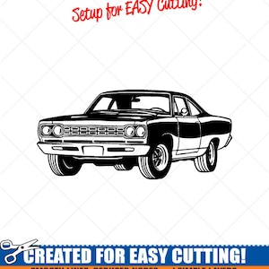 May include: Black and white line art illustration of a classic car, a 1960s muscle car, with the text "Setup for EASY Cutting!" and "CREATED FOR EASY CUTTING!"  "SMOOTH LINES, REDUCED NODES and SIMPLE LAYERS WITHOUT CROSSING LINES RESULTS IN PERFECT CUTS! Our DXF files are specifically optimized for CNC cutting! ALL ARTWORK IS SIGN READY VECTOR ART"
