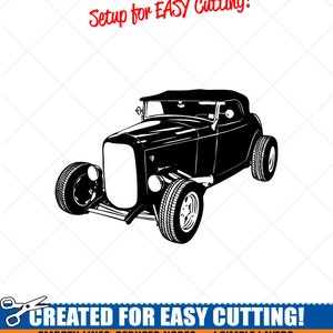 May include: Black and white silhouette of a vintage hot rod car with a chopped top. The image includes the text "Setup for EASY Cutting!" and "CREATED FOR EASY CUTTING!"  The text below the car reads "SMOOTH LINES, REDUCED NODES and SIMPLE LAYERS WITHOUT CROSSING LINES RESULTS IN PERFECT CUTS! Our DXF files are specifically optimized for CNC cutting! ALL ARTWORK IS © SIGN READY VECTOR ART"