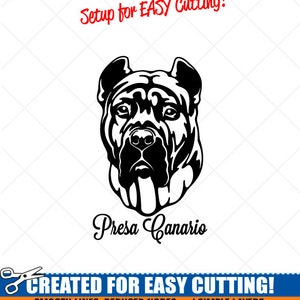 May include: Black and white vector illustration of a Presa Canario dog's head. The image is labeled "Setup for EASY Cutting!" and "CREATED FOR EASY CUTTING!" with the text "SMOOTH LINES, REDUCED NODES and SIMPLE LAYERS WITHOUT CROSSING LINES RESULTS IN PERFECT CUTS! Our DXF files are specifically optimized for CNC cutting! ALL ARTWORK IS SIGN READY VECTOR ART".