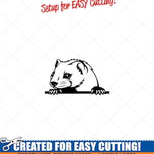 以下が含まれることがあります： 表面から覗き込むフェレットの白黒ベクターイラスト。画像は「Setup for EASY Cutting!」と「CREATED FOR EASY CUTTING!」というラベルが貼られており、「SMOOTH LINES, REDUCED NODES and SIMPLE LAYERS WITHOUT CROSSING LINES RESULTS IN PERFECT CUTS! Our DXF files are specifically optimised for CNC cutting! ALL ARTWORK IS SIGN READY VECTOR ART」というテキストが含まれています。