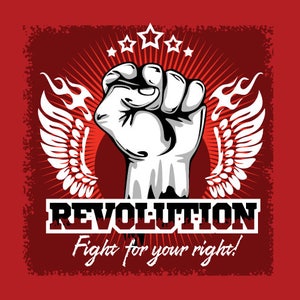 Puede incluir: Un fondo rojo con un puño blanco levantado en el aire. El puño está rodeado de alas blancas con llamas. El texto "REVOLUTION" está en letras negras sobre el puño y el texto "Fight for your right!" está en letras negras debajo del puño.