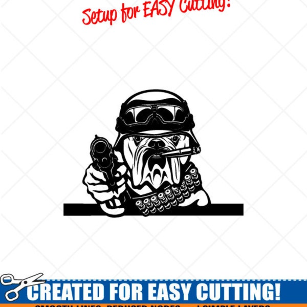 Military BULLDOG with Gun Clipart-Vector Clip Art Graphics-Digital Download-Cut Ready Files-CNC-Dog Vinyl Sign Design-eps, ai, svg, dxf, png