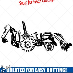 Peut inclure: Illustration vectorielle en noir et blanc d'une pelle rétrocaveuse. L'image est intitulée "Setup for EASY Cutting!" et "CREATED FOR EASY CUTTING!" avec le texte "SMOOTH LINES, REDUCED NODES and SIMPLE LAYERS WITHOUT CROSSING LINES RESULTS IN PERFECT CUTS! Our DXF files are specifically optimised for CNC cutting! ALL ARTWORK IS SIGN READY VECTOR ART".