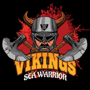 May include: A graphic design featuring a Viking warrior with a horned helmet, crossed axes, and the text "Vikings Sea Warrior". The design is set against a red and black background with splattered paint.