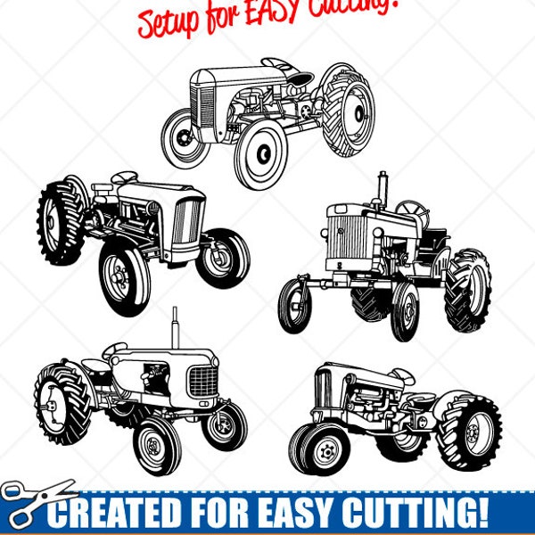 Vintage Farming Tractors Clipart-Vector Clip Art Graphics-Digital Download-Cut Ready Files-CNC-Vinyl Sign Design-Logo-eps, ai, svg, dxf, png