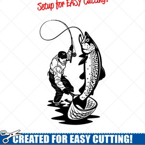 Puede incluir: Ilustración en blanco y negro de una persona sosteniendo una caña de pescar y recogiendo un pez. El pez está saltando fuera del agua y la persona está sosteniendo una red. El texto "Setup for EASY Cutting!" está en la parte superior de la imagen. El texto "CREATED FOR EASY CUTTING!" está en la parte inferior de la imagen. El texto "SMOOTH LINES, REDUCED NODES and SIMPLE LAYERS WITHOUT CROSSING LINES RESULTS IN PERFECT CUTS!" está debajo del texto "CREATED FOR EASY CUTTING!" El texto "Our DXF files are specifically optimised for CNC cutting!" está debajo del texto "SMOOTH LINES, REDUCED NODES and SIMPLE LAYERS WITHOUT CROSSING LINES RESULTS IN PERFECT CUTS!" El texto "ALL ARTWORK IS SIGN READY VECTOR ART" está debajo del texto "Our DXF files are specifically optimised for CNC cutting!"