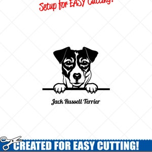 Puede incluir: Silueta en blanco y negro de un Jack Russell Terrier asomándose por encima de un cartel con el texto "Jack Russell Terrier". La imagen está etiquetada como "Setup for EASY Cutting!" y "CREATED FOR EASY CUTTING!" con el texto "SMOOTH LINES, REDUCED NODES and SIMPLE LAYERS WITHOUT CROSSING LINES RESULTS IN PERFECT CUTS! Our DXF files are specifically optimised for CNC cutting! ALL ARTWORK IS SIGN READY VECTOR ART".