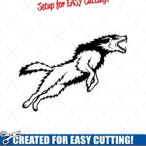 May include: Black and white vector illustration of a wolf jumping with its mouth open. The image is optimized for easy cutting with smooth lines, reduced nodes, and simple layers. The text "Setup for EASY Cutting!" and "CREATED FOR EASY CUTTING!" is included in the image.