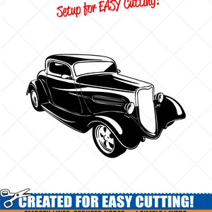 Könnte beinhalten: Schwarz-weiß-Illustration eines Oldtimers mit dem Text "Setup for EASY Cutting!" und "CREATED FOR EASY CUTTING!"  "SMOOTH LINES, REDUCED NODES and SIMPLE LAYERS WITHOUT CROSSING LINES RESULTS IN PERFECT CUTS! Our DXF files are specifically optimised for CNC cutting! ALL ARTWORK IS © SIGN READY VECTOR ART"