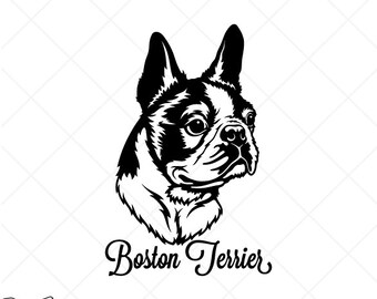 BOSTON TERRIER svg-Dog Portrait Clipart-Vector Clip Art Graphics Download-Cut Ready Files-CNC-Logo-Vinyl Sign Design -eps, ai, dxf, png, pdf