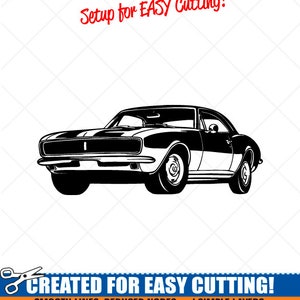May include: Black and white silhouette of a classic car, a Chevrolet Camaro, with the text "Setup for EASY Cutting!" and "CREATED FOR EASY CUTTING!"  "SMOOTH LINES, REDUCED NODES and SIMPLE LAYERS WITHOUT CROSSING LINES RESULTS IN PERFECT CUTS!"  "Our DXF files are specifically optimized for CNC cutting!"  "ALL ARTWORK IS SIGN READY VECTOR ART"