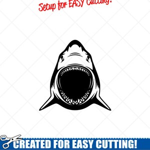 May include: Black and white vector illustration of a shark with its mouth open, showing sharp teeth. The image is labeled "Setup for EASY Cutting!" and "CREATED FOR EASY CUTTING!" with the text "SMOOTH LINES, REDUCED NODES and SIMPLE LAYERS WITHOUT CROSSING LINES RESULTS IN PERFECT CUTS! Our DXF files are specifically optimized for CNC cutting! ALL ARTWORK IS SIGN READY VECTOR ART".