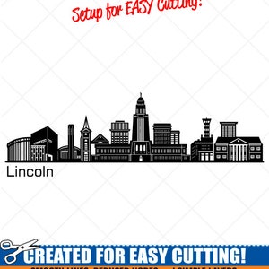 May include: Black and white silhouette of the Lincoln, Nebraska skyline. The text "Setup for EASY Cutting!" is at the top of the image. The text "CREATED FOR EASY CUTTING!" is at the bottom of the image. The text "SMOOTH LINES, REDUCED NODES and SIMPLE LAYERS WITHOUT CROSSING LINES RESULTS IN PERFECT CUTS!" is below the text "CREATED FOR EASY CUTTING!" The text "Our DXF files are specifically optimized for CNC cutting!" is below the text "SMOOTH LINES, REDUCED NODES and SIMPLE LAYERS WITHOUT CROSSING LINES RESULTS IN PERFECT CUTS!" The text "ALL ARTWORK IS © SIGN READY VECTOR ART" is below the text "Our DXF files are specifically optimized for CNC cutting!"