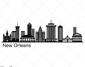 May include: Black and white silhouette of the New Orleans skyline. The text "Setup for EASY Cutting!" and "CREATED FOR EASY CUTTING!" is at the top and bottom of the image. The text "SMOOTH LINES, REDUCED NODES and SIMPLE LAYERS WITHOUT CROSSING LINES RESULTS IN PERFECT CUTS!" is below the skyline. The text "Our DXF files are specifically optimized for CNC cutting!" is below the previous text. The text "ALL ARTWORK IS © SIGN READY VECTOR ART" is at the bottom of the image.
