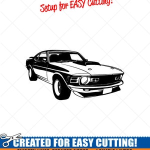 May include: Black and white silhouette of a classic car, a 1970s Ford Mustang, with the text "Setup for EASY Cutting!" and "CREATED FOR EASY CUTTING!"  "SMOOTH LINES, REDUCED NODES and SIMPLE LAYERS WITHOUT CROSSING LINES RESULTS IN PERFECT CUTS! Our DXF files are specifically optimized for CNC cutting! ALL ARTWORK IS © SIGN READY VECTOR ART"