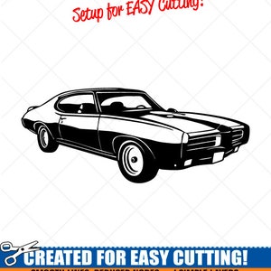 May include: Black and white silhouette of a classic muscle car. The image is labeled "Setup for EASY Cutting!" and "CREATED FOR EASY CUTTING!" with the text "SMOOTH LINES, REDUCED NODES and SIMPLE LAYERS WITHOUT CROSSING LINES RESULTS IN PERFECT CUTS! Our DXF files are specifically optimized for CNC cutting! ALL ARTWORK IS SIGN READY VECTOR ART".
