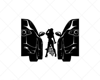 SEXY Girl Racing Flag Clipart-Vector Clip Art Graphics-Digital Download-Cut Ready Files-CNC-Vinyl Sign Design-Car Logo-eps, ai, svg, dxf,png
