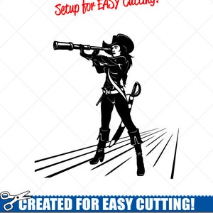 Könnte beinhalten: Schwarz-weiße Silhouette einer weiblichen Piratin, die durch ein Teleskop schaut. Die Piratin steht auf einer Holzplanke. Der Text "Setup for EASY Cutting!" und "CREATED FOR EASY CUTTING!" befindet sich oben und unten im Bild. Der Text "SMOOTH LINES, REDUCED NODES and SIMPLE LAYERS WITHOUT CROSSING LINES RESULTS IN PERFECT CUTS!" befindet sich unter der Piratin. Der Text "Our DXF files are specifically optimized for CNC cutting!" befindet sich unter dem vorherigen Text. Der Text "ALL ARTWORK IS SIGN READY VECTOR ART" befindet sich unten im Bild.